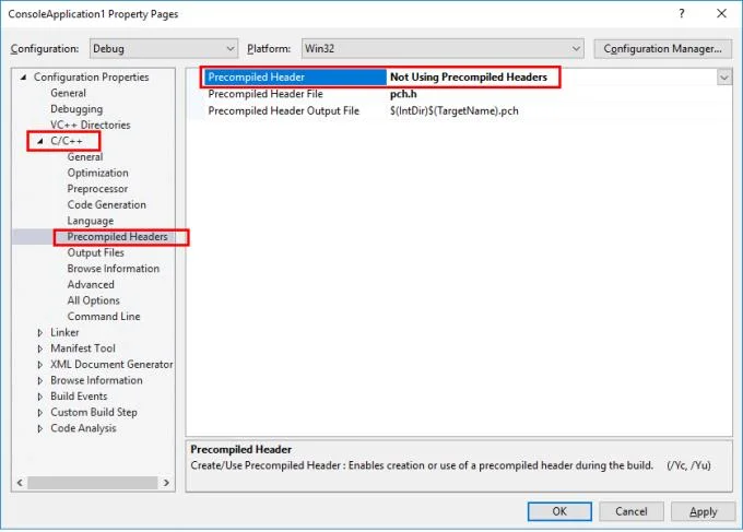 Visual Studio: Desativar cabeçalhos pré-compilados