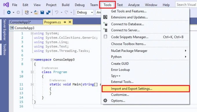 Visual Studio：重置所有設置