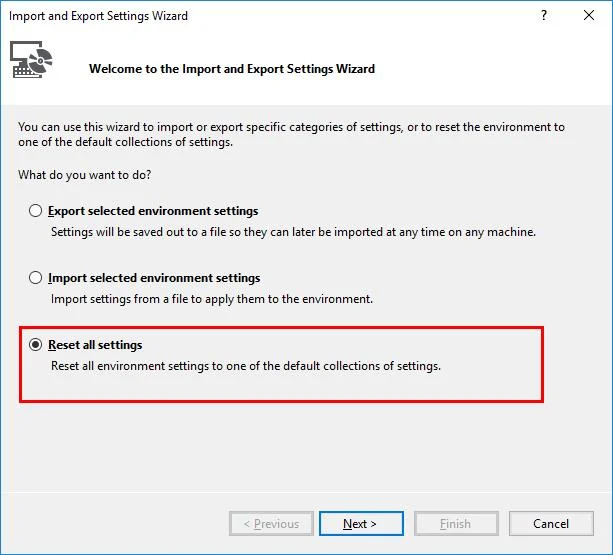 Visual Studio：重置所有設置