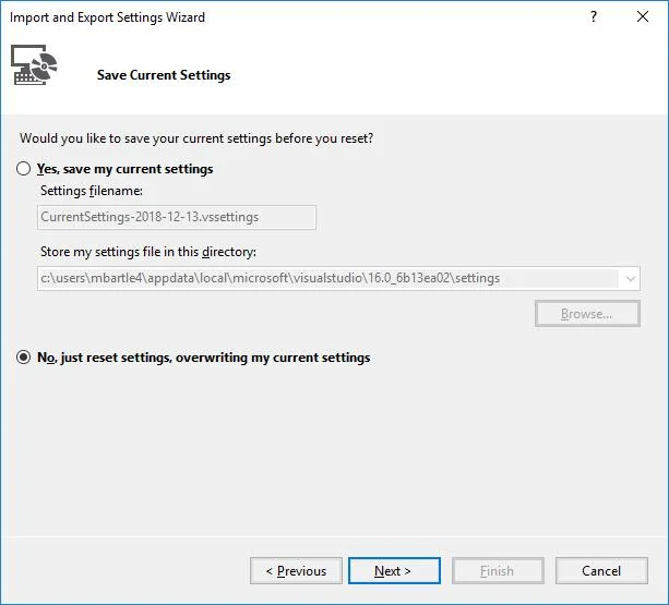 Visual Studio：重置所有設置