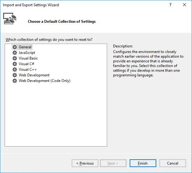 Visual Studio：重置所有設置