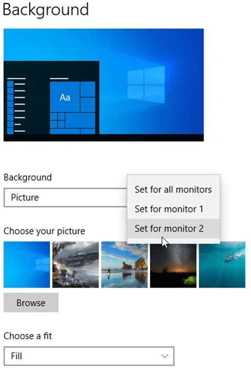 Windows 10: ตั้งค่าวอลเปเปอร์ที่แตกต่างกันสำหรับจอแสดงผลคู่