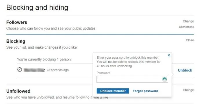 LinkedIn：ブロック解除の確認