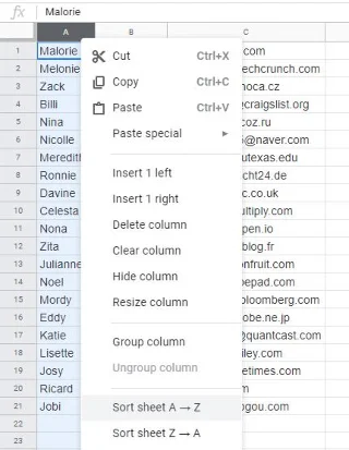 Google 表格：按字母順序排列列表