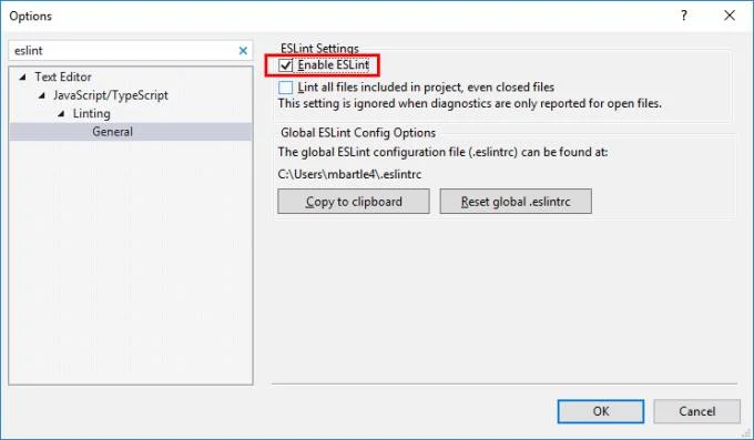 Visual Studio: Habilitar / Desabilitar ESLint
