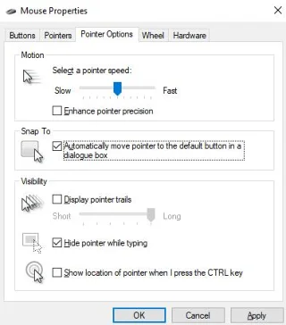 Windows 10: Định cấu hình chuột để gắn vào tùy chọn mặc định
