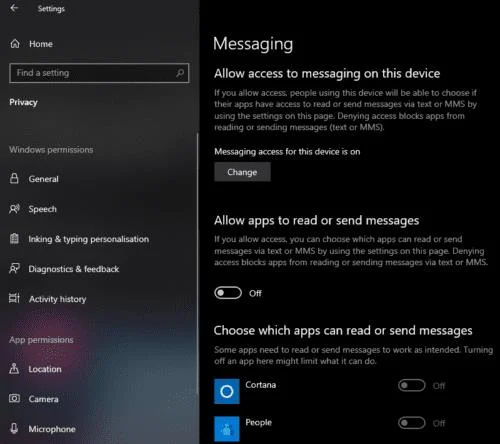 Windows 10: Chặn ứng dụng đọc hoặc gửi văn bản