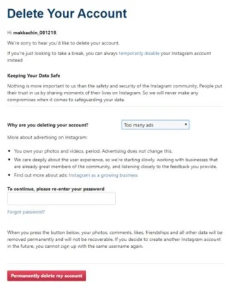 Instagramアカウントを削除する方法