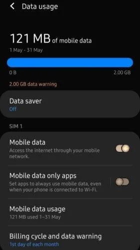 Options des données mobiles dans les paramètres du Samsung Galaxy S10