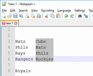 Demonstração do modo de coluna no Notepad ++