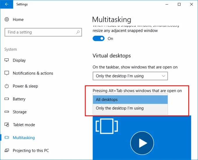 Alt + Tab entre escritorios virtuales en Windows 10
