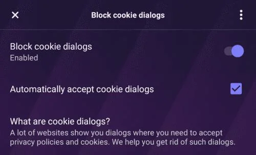 Opera Touch voor Android: Cookiemeldingen blokkeren