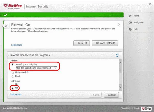 允許通過 McAfee Personal Firewall 訪問程序