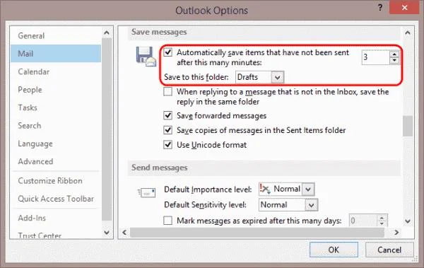 在 Outlook 2016 中啟用或禁用將電子郵件自動保存到草稿文件夾