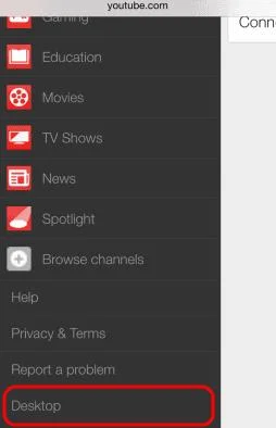 Menu desktop di YouTube in Safari