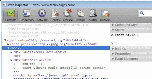 Ventana del inspector web