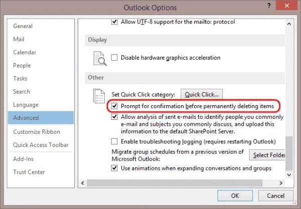 Desative a mensagem “Isso será excluído permanentemente” no Outlook