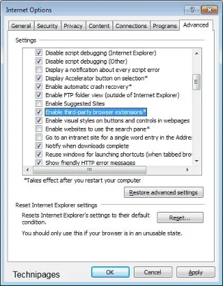 Ativar / desativar extensões e complementos do Internet Explorer