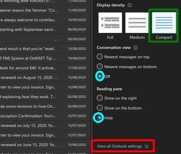 Come ottenere un layout della posta in arrivo più compatto nell'app Web di Outlook