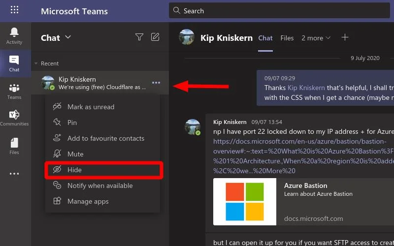 Masquer une discussion dans Microsoft Teams