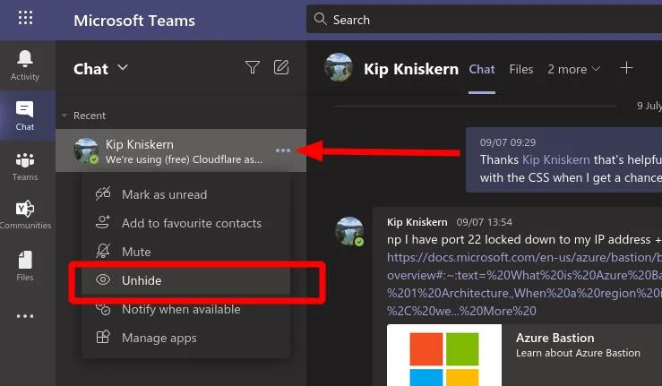 Vergleich zwischen Chat ausblenden und löschen in Teams
