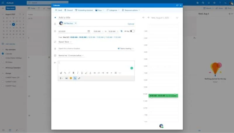 웹용 Outlook에서 Microsoft Teams 모임 설정
