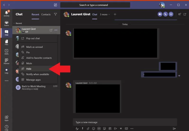 ซ่อนแชทใน Microsoft Teams