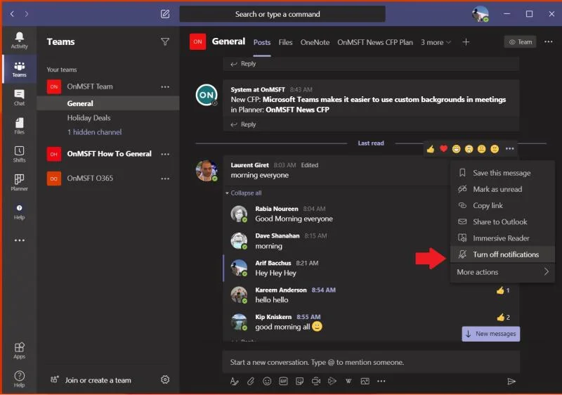 Microsoft Teams 레벨별 알림 설정 화면