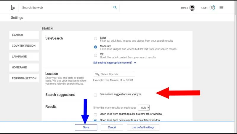 Interface des paramètres de recherche de Bing