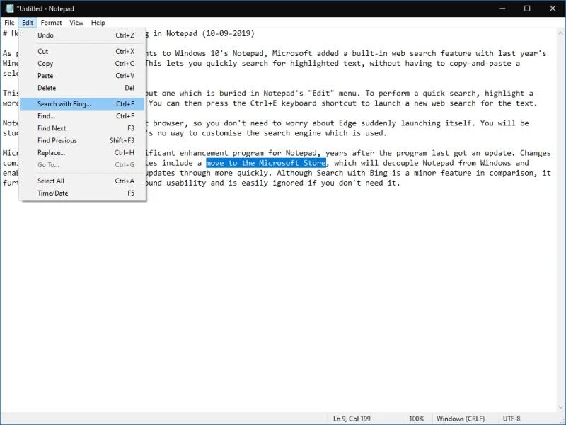 Come cercare sul Web con Bing nel Blocco note