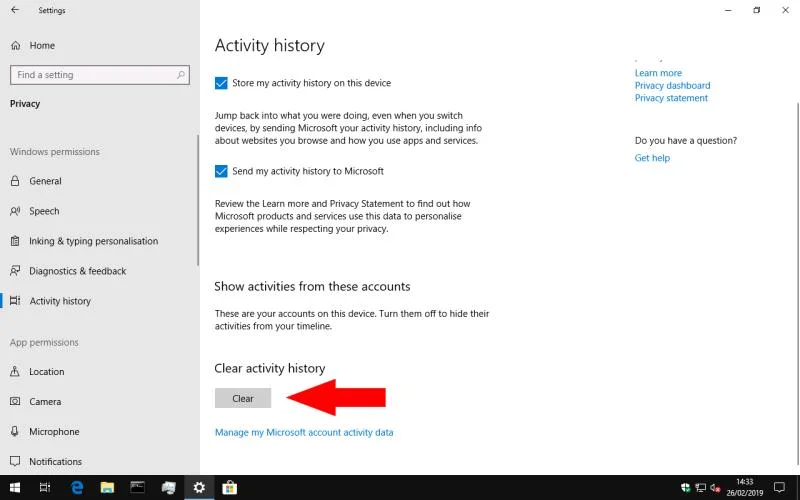 Come rimuovere la cronologia della cronologia di Windows 10