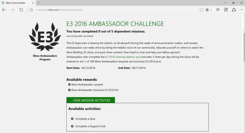 Exemple de mission d'ambassadeur Xbox