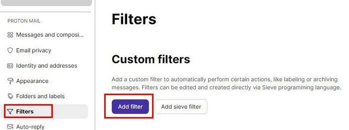 Cum se creează un filtru ProtonMail