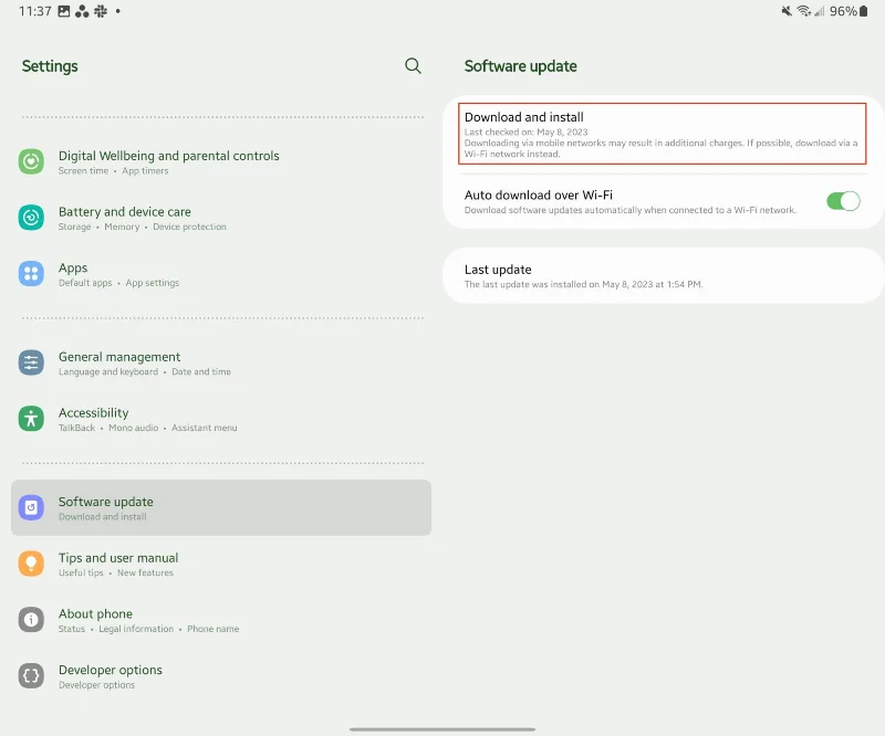 Galaxy Tab S8을 업데이트하는 방법