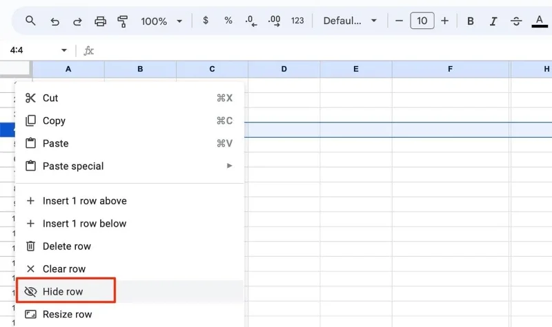 Google 스프레드시트에서 행과 열 숨기기 및 숨기기 해제