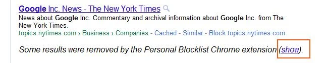 Personal Blocklist extension for Google Chrome, blocks unwanted links from search results