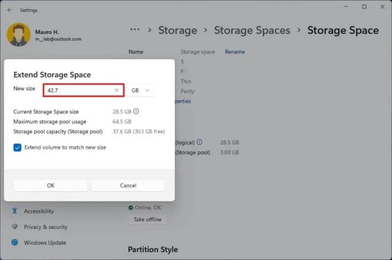 How to create parity volume with Storage Spaces in Settings on Windows 11