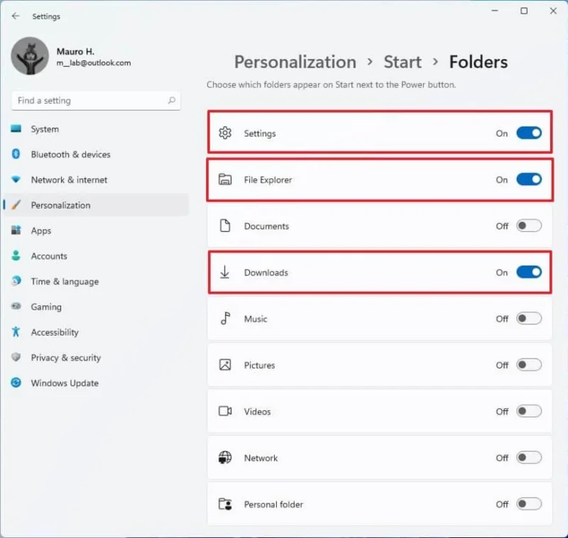 How to add folders on Start next to the Power button on Windows 11