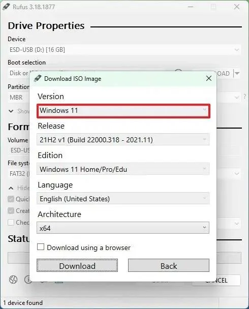 Selección de Windows 11 en Rufus