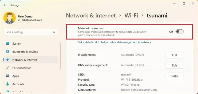 Configuración para desactivar conexión medida en Windows 11