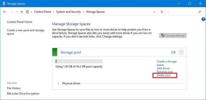 How to delete pool in Storage Spaces on Windows 10