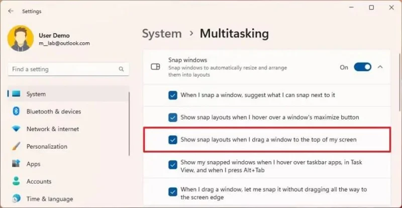 How to disable drag top of screen Snap layouts on Windows 11