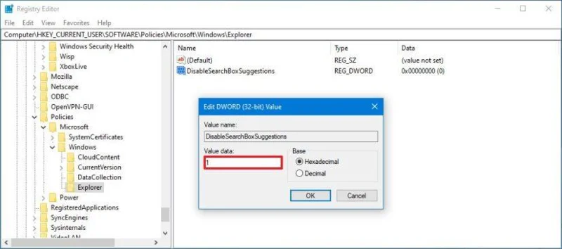 How to disable web search suggestions on Windows 10