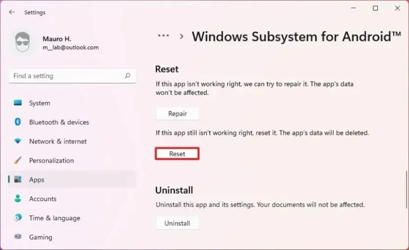 How to reset WSA to fix problems on Windows 11