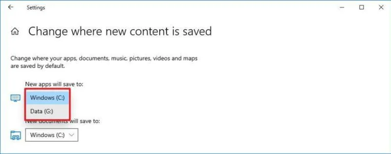 How to change default apps and games install location on Windows 10