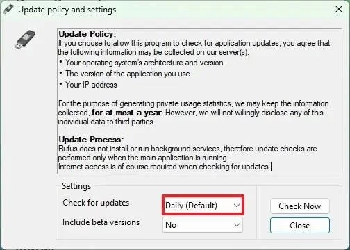 Configuración de actualizaciones en Rufus