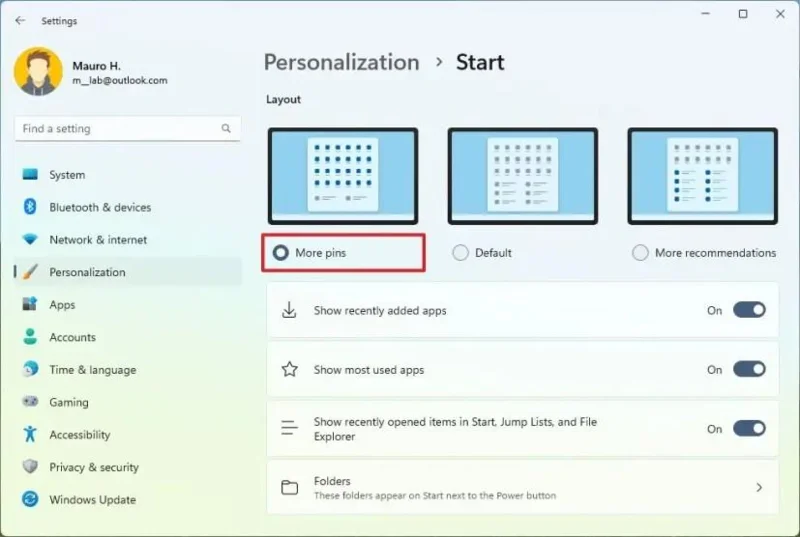 How to change Start menu pins layout on Windows 11