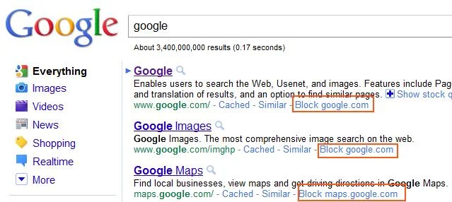 Personal Blocklist extension for Google Chrome, blocks unwanted links from search results