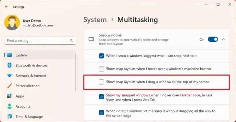How to disable drag top of screen Snap layouts on Windows 11