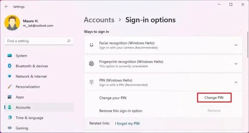 How to change PIN password on Windows 11